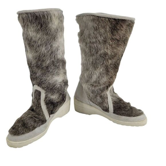 Winter Boots Sherpa Lined Rubber Sole Leather Reindeer Fur Calf Height Sz 7.5 - Picture 12 of 12